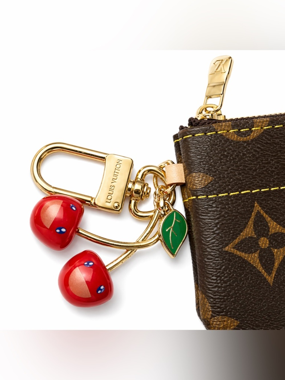Louis Vuitton Brown Monogram Coin Pouch Key Holder with Cherry Charm Authentic - Picture 3 of 8